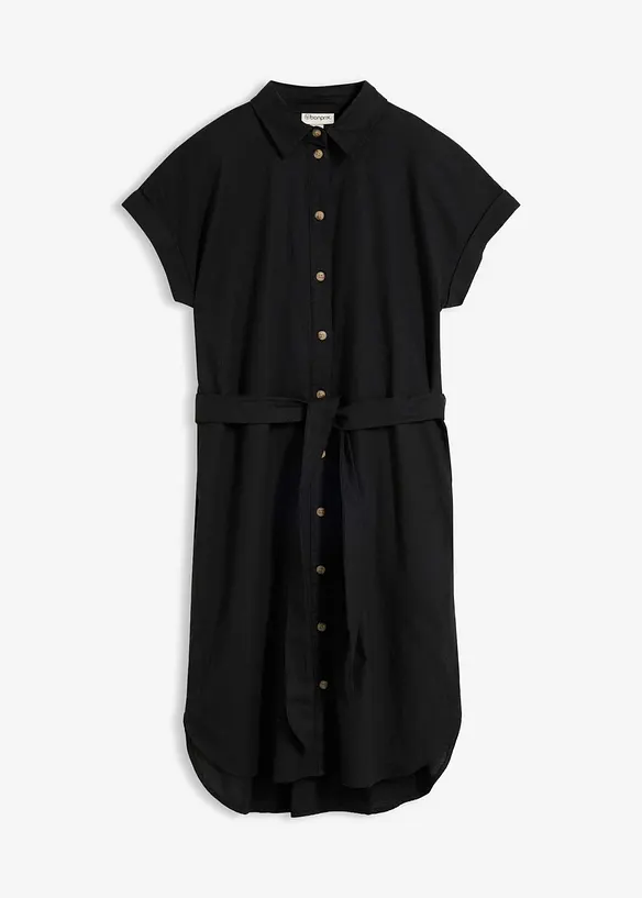Hemdblusenkleid mit Leinenanteil und Bindegürtel in schwarz von vorne - bonprix