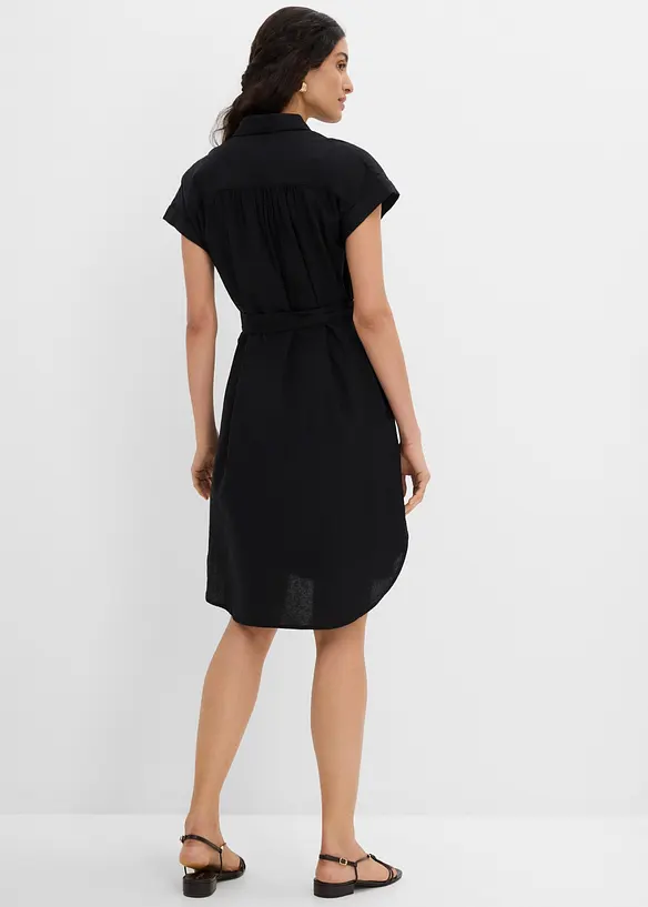 Hemdblusenkleid mit Leinenanteil und Bindegürtel in schwarz von hinten (Totalaufnahme) - bonprix