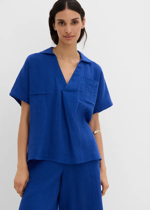 Musselin-Tunikabluse aus reiner Baumwolle in blau von vorne (im Anschnitt) - bonprix Musselin-Tunikabluse aus reiner Baumwolle in blau von vorne (im Anschnitt) - bonprix