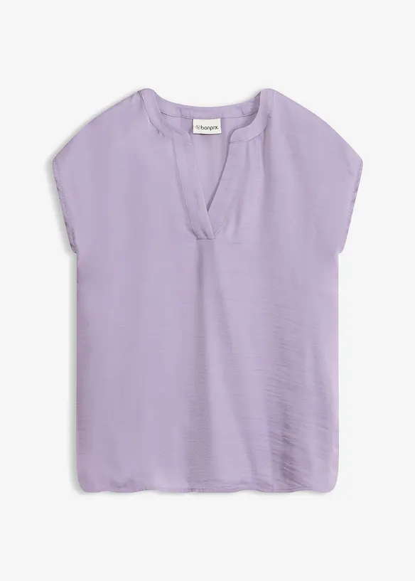 Lockere Satin-Kurzarmtunika mit überschnittenen Schultern in lila von vorne - bonprix