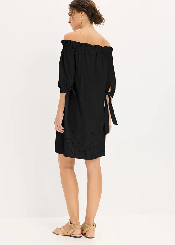 Off-Shoulder-Kleid aus reiner Baumwolle mit Lochstickerei in schwarz von hinten (Totalaufnahme) - bonprix Off-Shoulder-Kleid aus reiner Baumwolle mit Lochstickerei in schwarz von hinten (Totalaufnahme) - bonprix