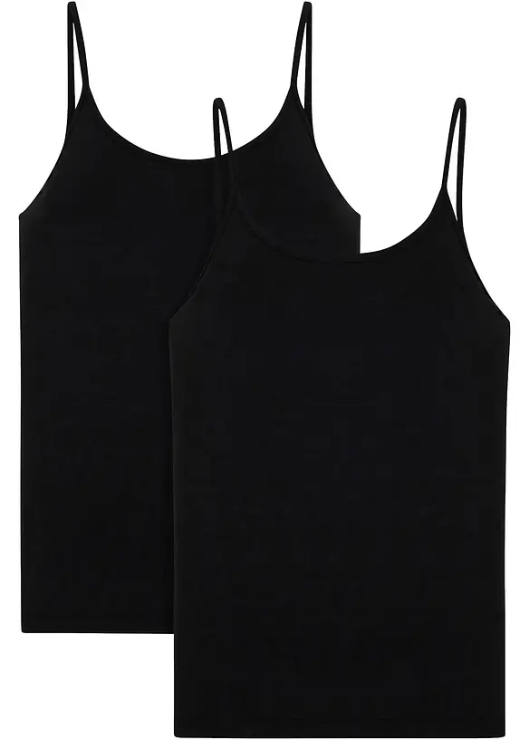 Spaghettiträger-Top aus reiner Bio-Baumwolle (2er Pack) in schwarz von vorne - bonprix Spaghettiträger-Top aus reiner Bio-Baumwolle (2er Pack) in schwarz von vorne - bonprix
