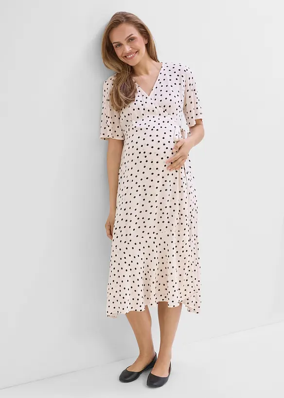 2-in-1 Umstands- und Stillkleid aus leichtem Viskose- Crepe in beige von vorne (Totalaufnahme) - bonprix 2-in-1 Umstands- und Stillkleid aus leichtem Viskose- Crepe in beige von vorne (Totalaufnahme) - bonprix