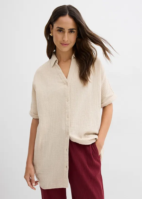 Musselin-Oversize-Longbluse aus reiner Baumwolle in beige von vorne (im Anschnitt) - bonprix Musselin-Oversize-Longbluse aus reiner Baumwolle in beige von vorne (im Anschnitt) - bonprix