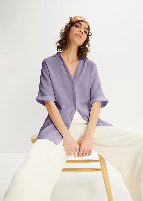 Musselin-Oversize-Longbluse aus reiner Baumwolle in lila von vorne (im Anschnitt) - bonprix Musselin-Oversize-Longbluse aus reiner Baumwolle in lila von vorne (im Anschnitt) - bonprix