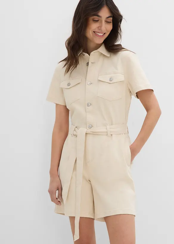 Jeans-Overall Kurzarm in beige von vorne (Totalaufnahme) - bonprix