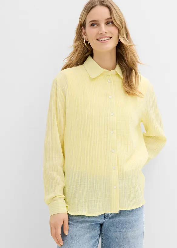 Hemdbluse aus luftigem Musselin in gelb von vorne (im Anschnitt) - bonprix Hemdbluse aus luftigem Musselin in gelb von vorne (im Anschnitt) - bonprix