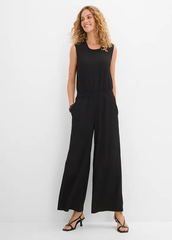 Jersey-Jumpsuit aus strukturiertem Crêpe in schwarz von vorne (Totalaufnahme) - bonprix