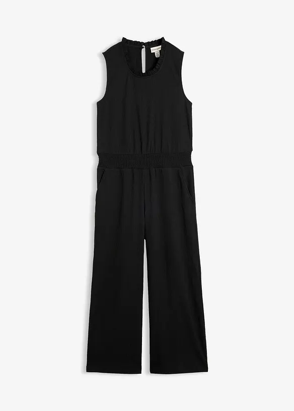 Jersey-Jumpsuit aus strukturiertem Crêpe in schwarz von vorne - bonprix