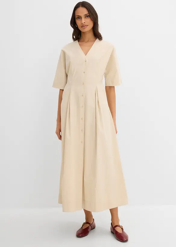 Midikleid aus reiner Baumwolle in beige von vorne (Totalaufnahme) - bonprix