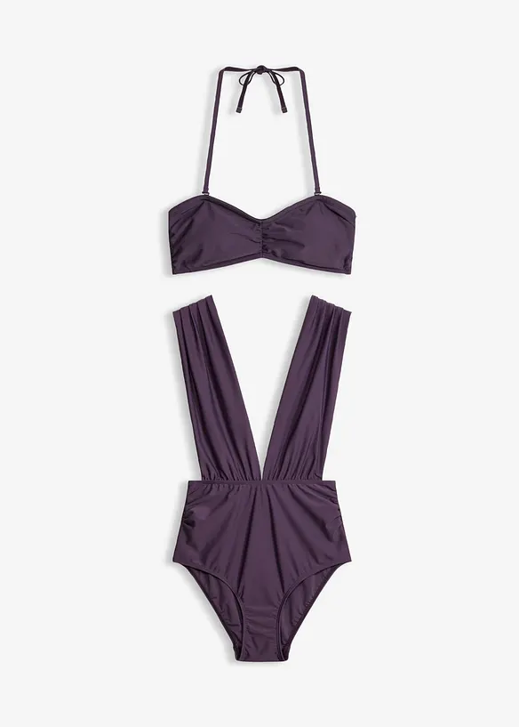 Badeanzug + Bandeau-Bikinioberteil (2-tlg.Set) in lila von vorne - bonprix