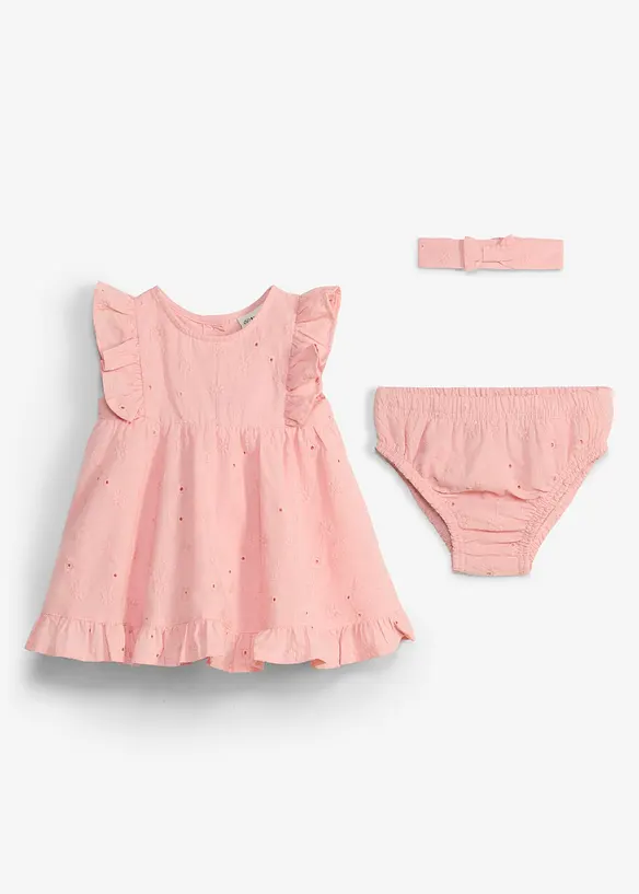 Baby Kleid, Höschen und Stirnband aus reiner Baumwolle (3-tlg.Set) in rosa von vorne - bonprix