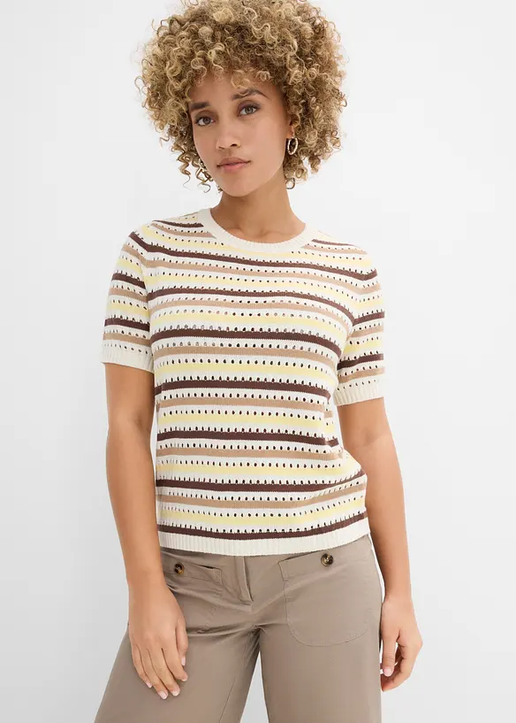 Ajour-Strickshirt aus Baumwoll-Mix in weiß von vorne (im Anschnitt) - bonprix