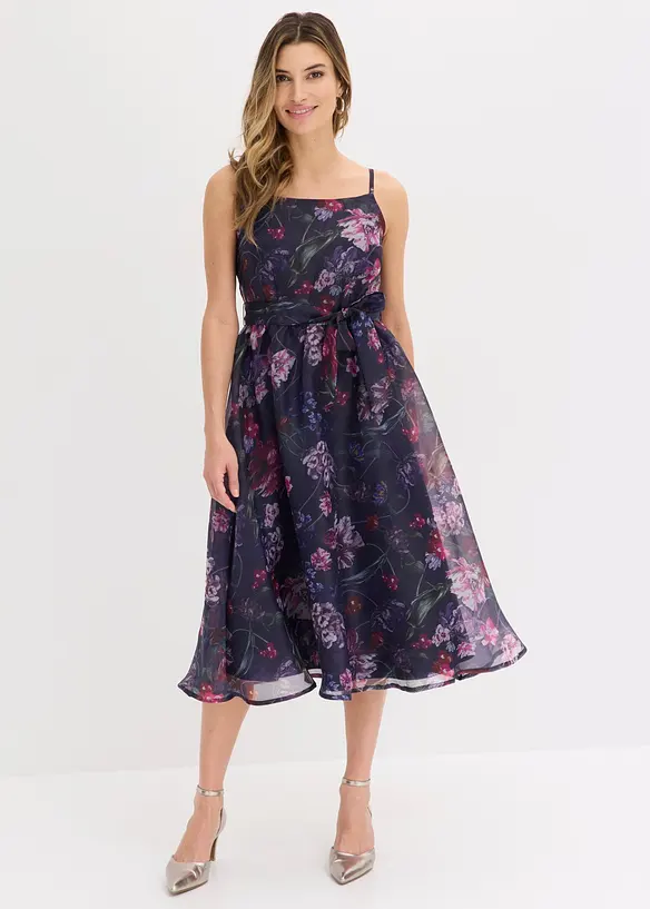 Midikleid aus zartem Tüll mit Bindeband in weiß von vorne (Totalaufnahme) - bonprix