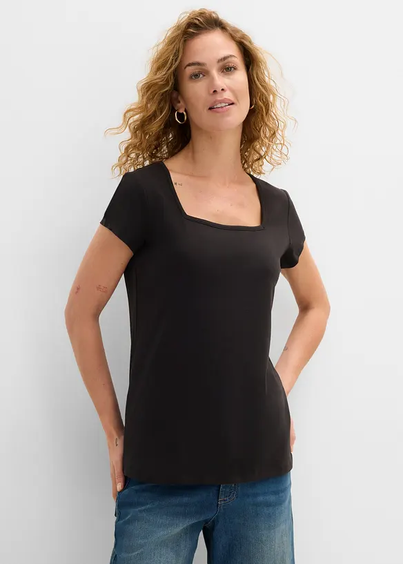 Kurzarmshirt mit Karree-Ausschnitt in schwarz von vorne (im Anschnitt) - bonprix Kurzarmshirt mit Karree-Ausschnitt in schwarz von vorne (im Anschnitt) - bonprix