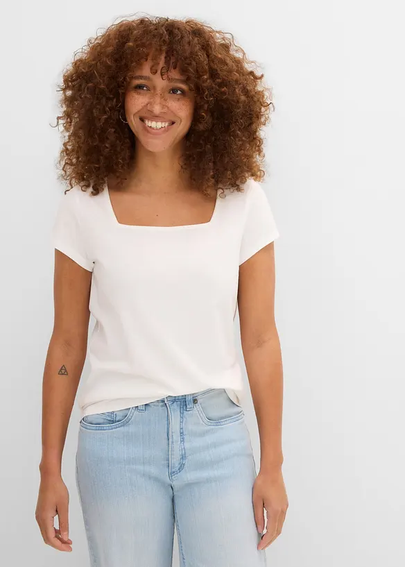 Kurzarmshirt mit Karree-Ausschnitt in weiß von vorne (im Anschnitt) - bonprix Kurzarmshirt mit Karree-Ausschnitt in weiß von vorne (im Anschnitt) - bonprix