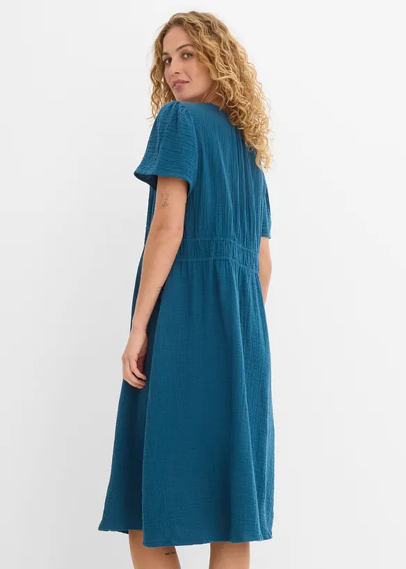 Musselin-Tunika-Kleid aus reiner Baumwolle in petrol von hinten (Totalaufnahme) - bonprix