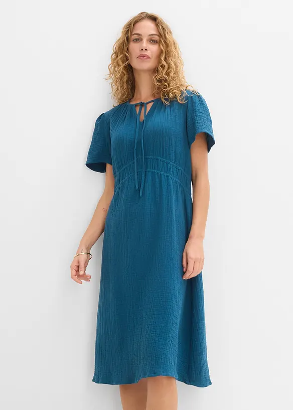 Musselin-Tunika-Kleid aus reiner Baumwolle in petrol von vorne (Totalaufnahme) - bonprix