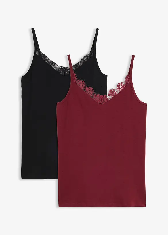 Spitzentop (2er Pack) aus elastischem Baumwoll-Mix in rot von vorne - bonprix