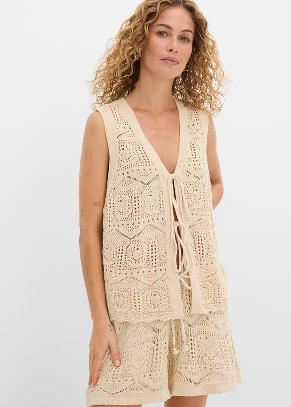 Ajour-Strickweste aus Baumwoll-Mix in beige von vorne (im Anschnitt) - bonprix Ajour-Strickweste aus Baumwoll-Mix in beige von vorne (im Anschnitt) - bonprix