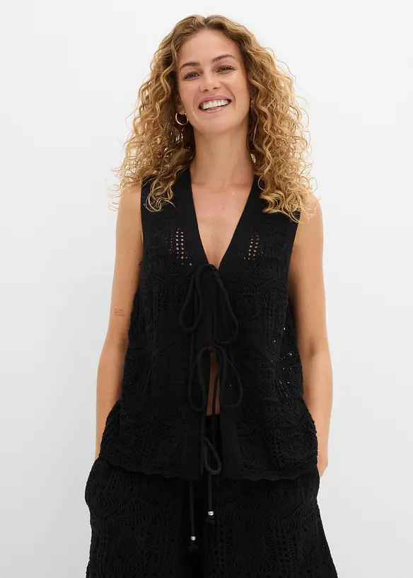Ajour-Strickweste aus Baumwoll-Mix in schwarz von vorne (im Anschnitt) - bonprix Ajour-Strickweste aus Baumwoll-Mix in schwarz von vorne (im Anschnitt) - bonprix