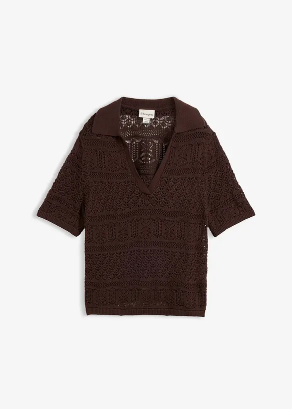 Ajour-Polo-Pullover mit Baumwollanteil in braun von vorne - bonprix Ajour-Polo-Pullover mit Baumwollanteil in braun von vorne - bonprix