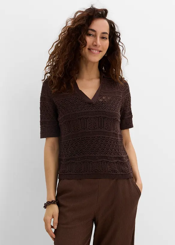 Ajour-Polo-Pullover mit Baumwollanteil in braun von vorne (im Anschnitt) - bonprix Ajour-Polo-Pullover mit Baumwollanteil in braun von vorne (im Anschnitt) - bonprix