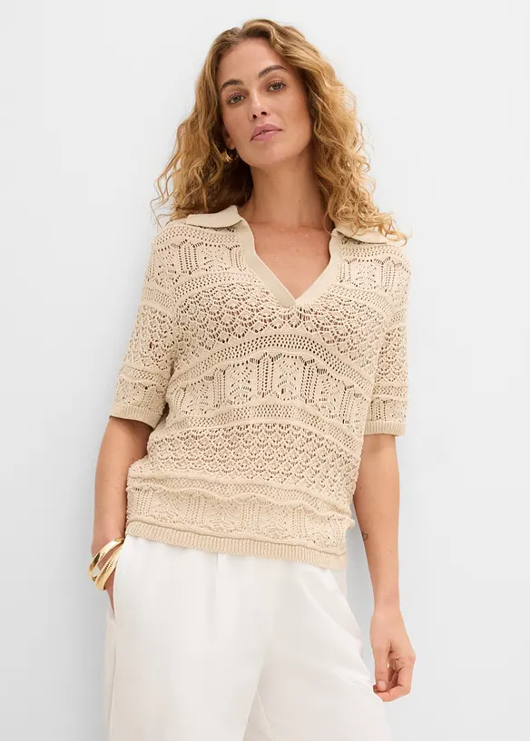 Ajour-Polo-Pullover mit Baumwollanteil in beige von vorne (im Anschnitt) - bonprix Ajour-Polo-Pullover mit Baumwollanteil in beige von vorne (im Anschnitt) - bonprix