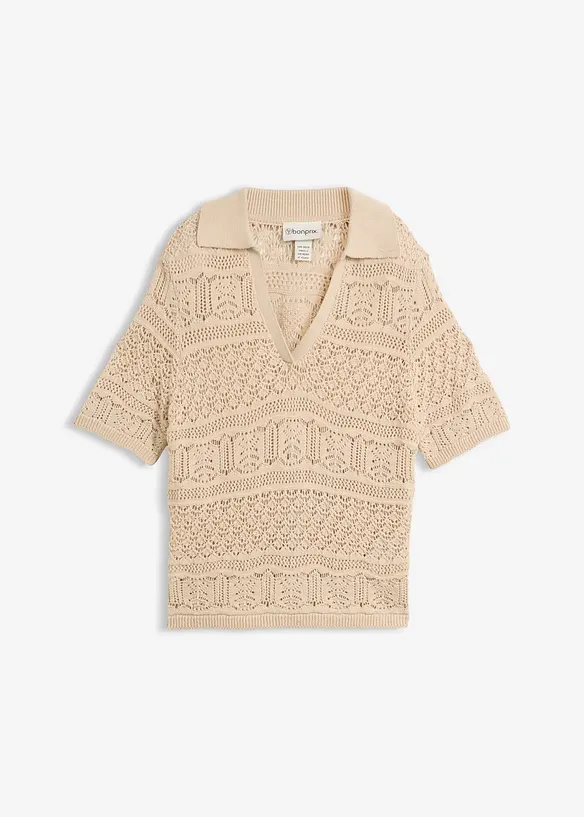 Ajour-Polo-Pullover mit Baumwollanteil in beige von vorne - bonprix Ajour-Polo-Pullover mit Baumwollanteil in beige von vorne - bonprix