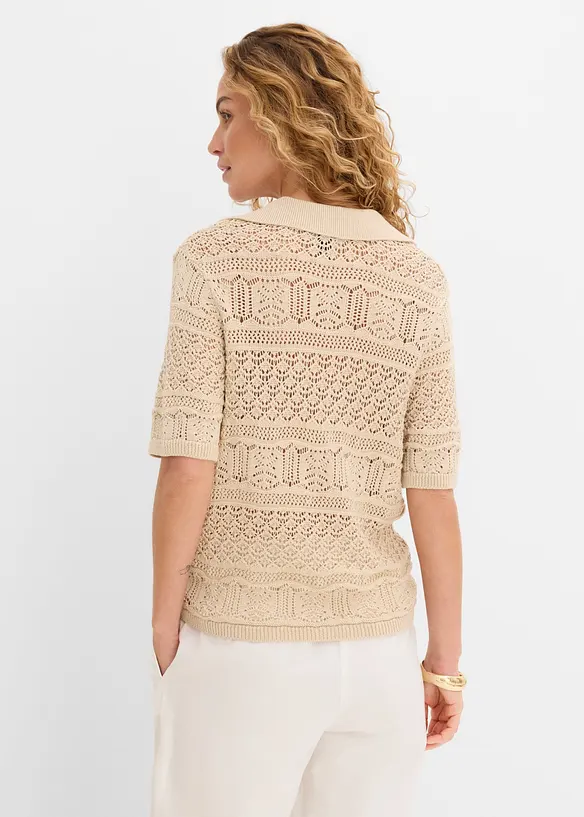 Ajour-Polo-Pullover mit Baumwollanteil in beige von hinten (im Anschnitt) - bonprix Ajour-Polo-Pullover mit Baumwollanteil in beige von hinten (im Anschnitt) - bonprix