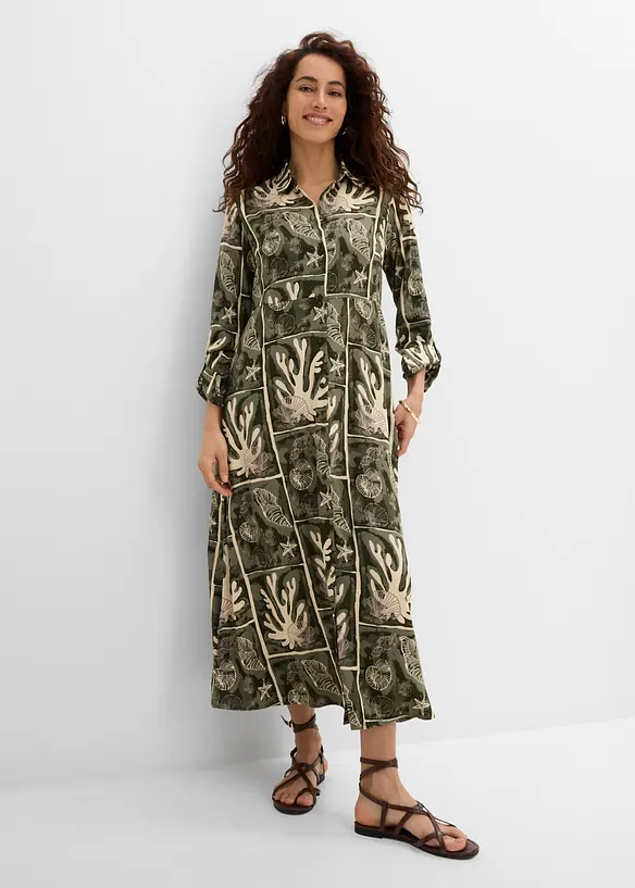 Hemdblusenkleid aus fließender Viskose in beige von vorne (Totalaufnahme) - bonprix Hemdblusenkleid aus fließender Viskose in beige von vorne (Totalaufnahme) - bonprix