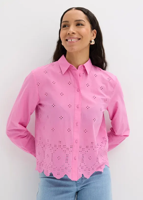 Lochstickerei-Bluse aus reiner Bio-Baumwolle in pink von vorne (im Anschnitt) - bonprix Lochstickerei-Bluse aus reiner Bio-Baumwolle in pink von vorne (im Anschnitt) - bonprix