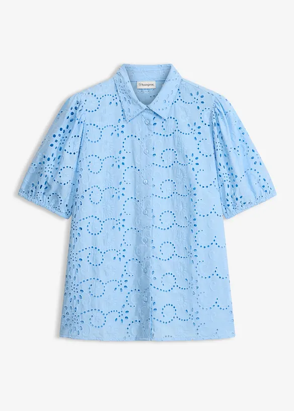 Lochstickerei-Bluse aus reiner Bio-Baumwolle in blau von vorne - bonprix