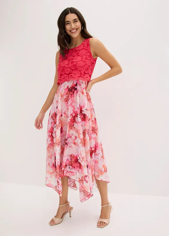 Chiffonkleid mit feiner Spitze in rosa von vorne (Totalaufnahme) - bonprix Chiffonkleid mit feiner Spitze in rosa von vorne (Totalaufnahme) - bonprix