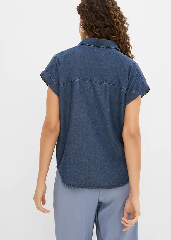Jeans-Kurzarmbluse mit Leinen in blau von hinten (im Anschnitt) - bonprix Jeans-Kurzarmbluse mit Leinen in blau von hinten (im Anschnitt) - bonprix