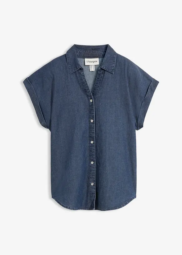 Jeans-Kurzarmbluse mit Leinen in blau von vorne - bonprix Jeans-Kurzarmbluse mit Leinen in blau von vorne - bonprix