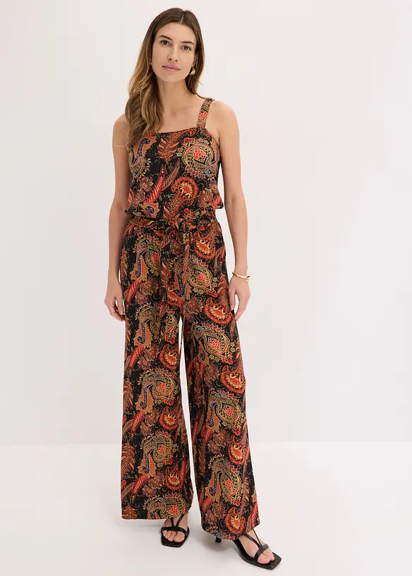 Jersey-Jumpsuit aus softem Viskose-Mix in schwarz von vorne (Totalaufnahme) - bonprix