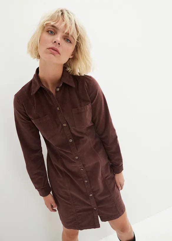 Cord-Hemdblusenkleid aus Baumwoll-Mix in braun von vorne (Totalaufnahme) - bonprix