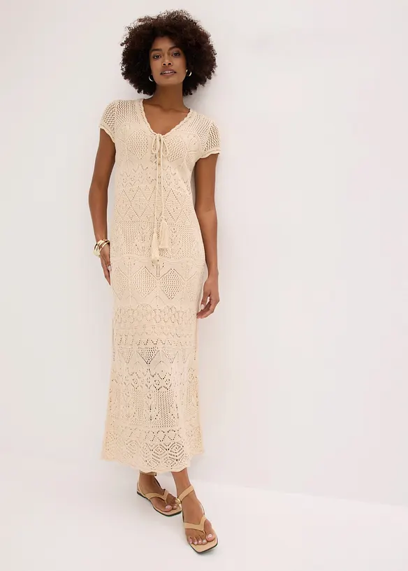 Strickkleid mit Ajour-Muster in beige von vorne (Totalaufnahme) - bonprix Strickkleid mit Ajour-Muster in beige von vorne (Totalaufnahme) - bonprix