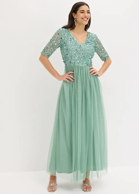 Abendkleid aus zartem Tüll mit Paillettenstickerei in grün von vorne (Totalaufnahme) - bonprix