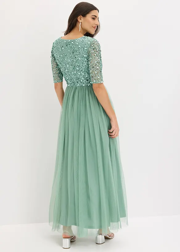 Abendkleid aus zartem Tüll mit Paillettenstickerei in grün von hinten (Totalaufnahme) - bonprix