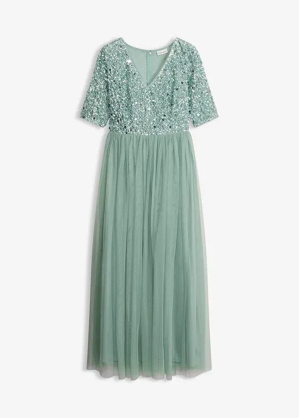 Abendkleid aus zartem Tüll mit Paillettenstickerei in grün von vorne - bonprix