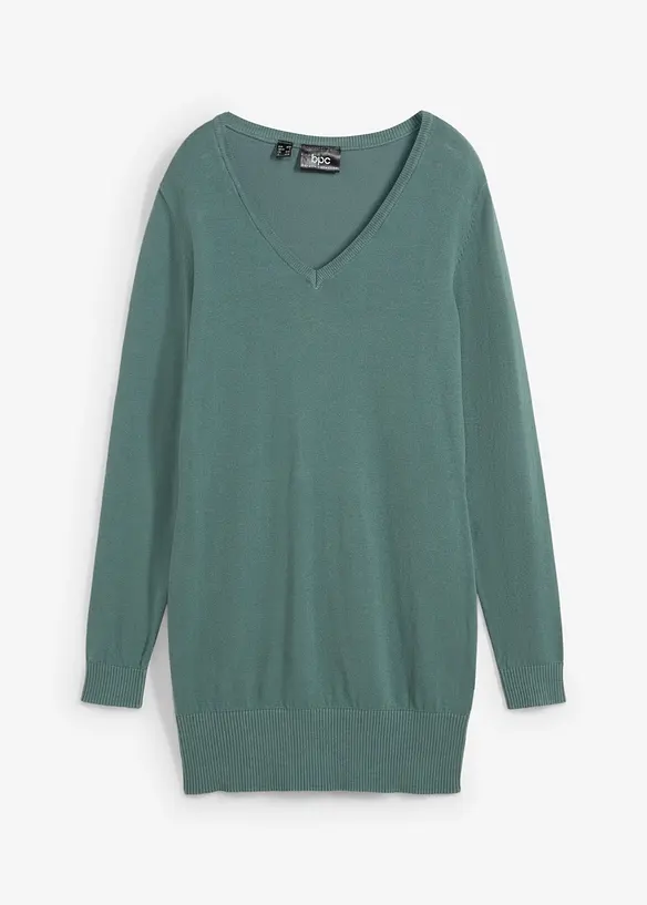Feinstrick Longpullover mit V-Ausschnitt in grün von vorne - bonprix