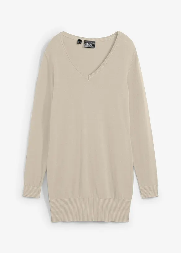 Feinstrick Longpullover mit V-Ausschnitt in beige von vorne - bonprix