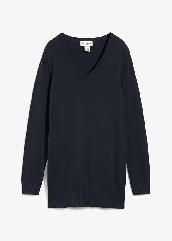 Feinstrick Longpullover mit V-Ausschnitt in schwarz von vorne - bonprix