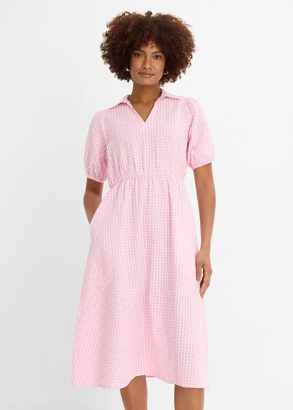 Seersucker-Midikleid aus reiner Baumwolle in rosa von vorne (Totalaufnahme) - bonprix