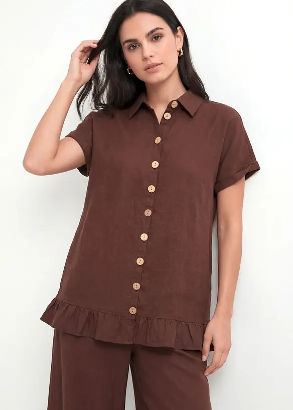 Oversize-Bluse aus Leinen-Baumwoll-Mix in braun von vorne (im Anschnitt) - bonprix