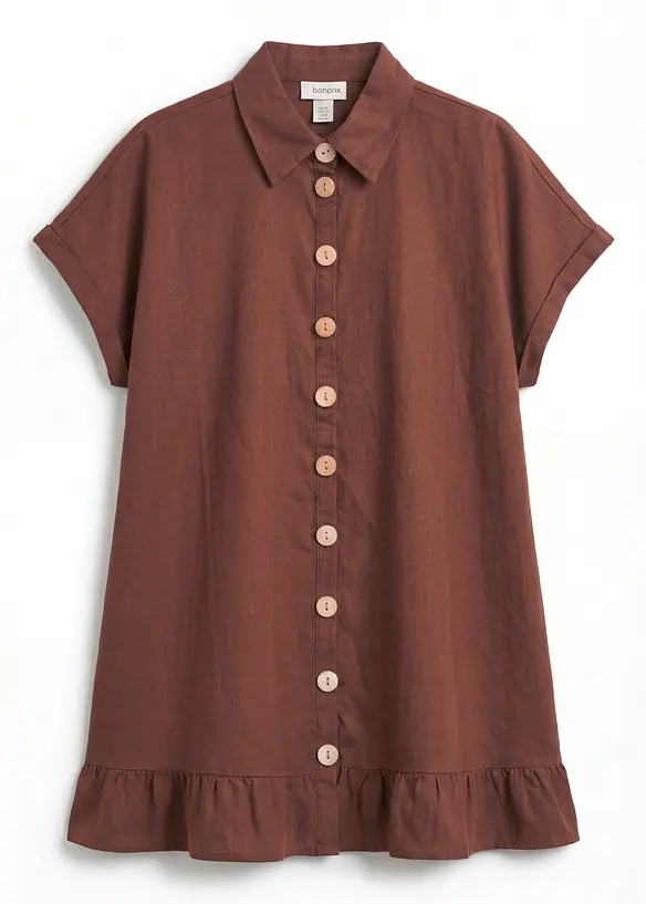 Oversize-Bluse aus Leinen-Baumwoll-Mix in braun von vorne - bonprix