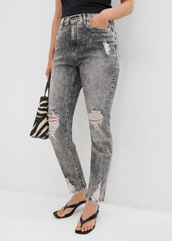 Mom-Jeans High Waist mit Destroy-Effekten in grau von vorne - bonprix Mom-Jeans High Waist mit Destroy-Effekten in grau von vorne - bonprix