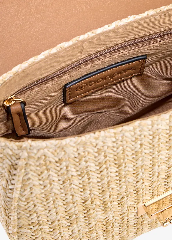 Umhängetasche in Strohoptik in beige geöffnet - bonprix